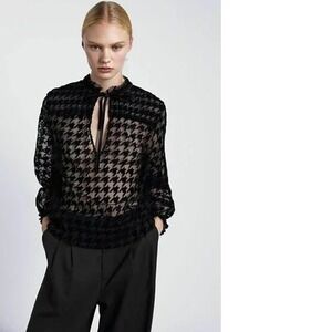 Zara Womens XS Black‎ Houndstooth Sheer Long Sleeve Tie Neck Blouse NWT